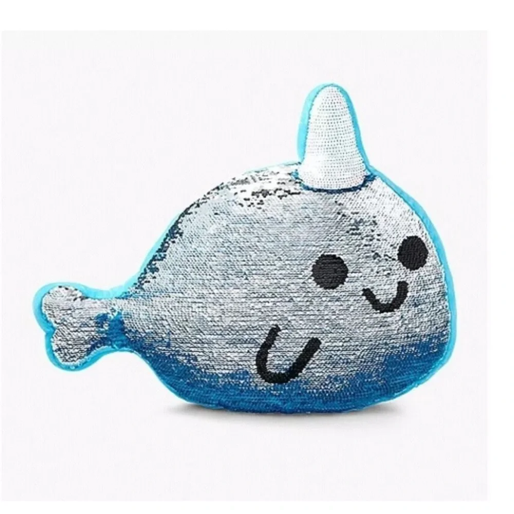 Justice Narwhal Reversible Sequin Flip Blue Silver Unicorn Fish Pillow Kawaii